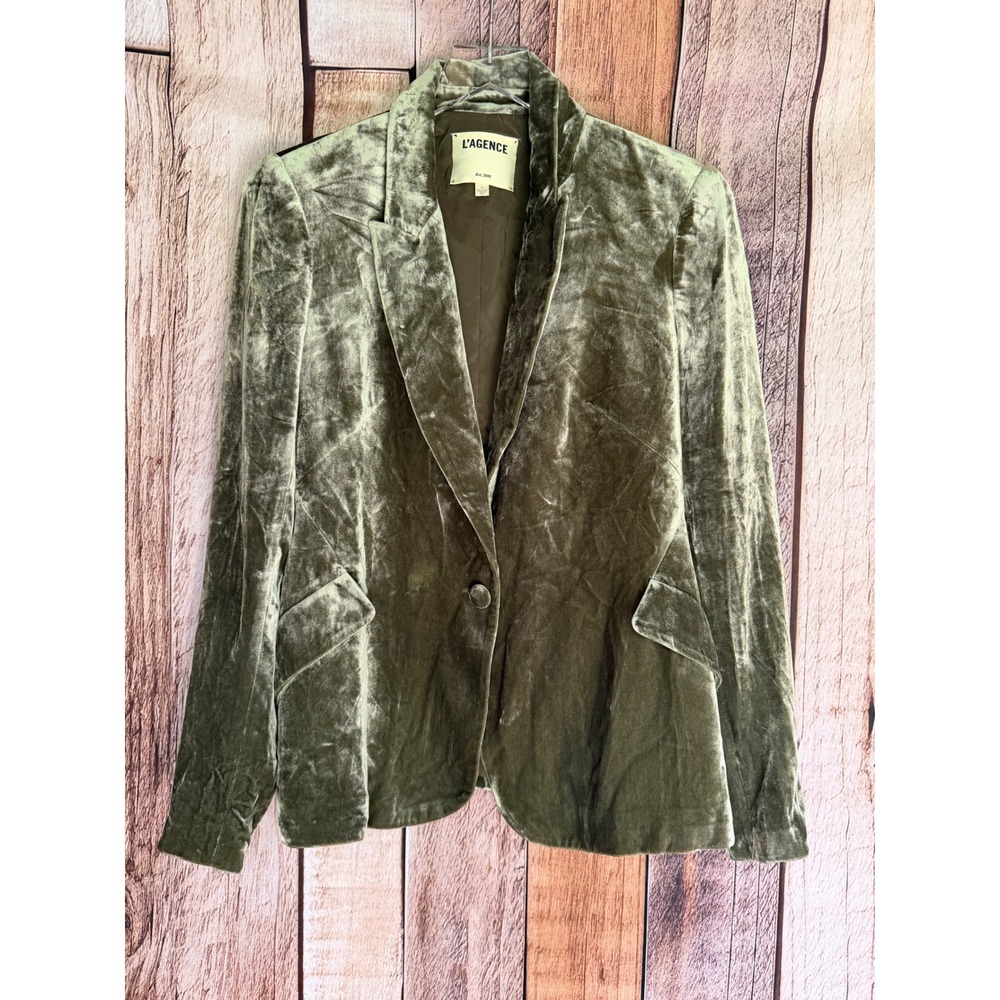 L'AGENCE Chamberlain Velvet Blazer‎ Ivy Green Silk Blend Jacket Timeless Size 10